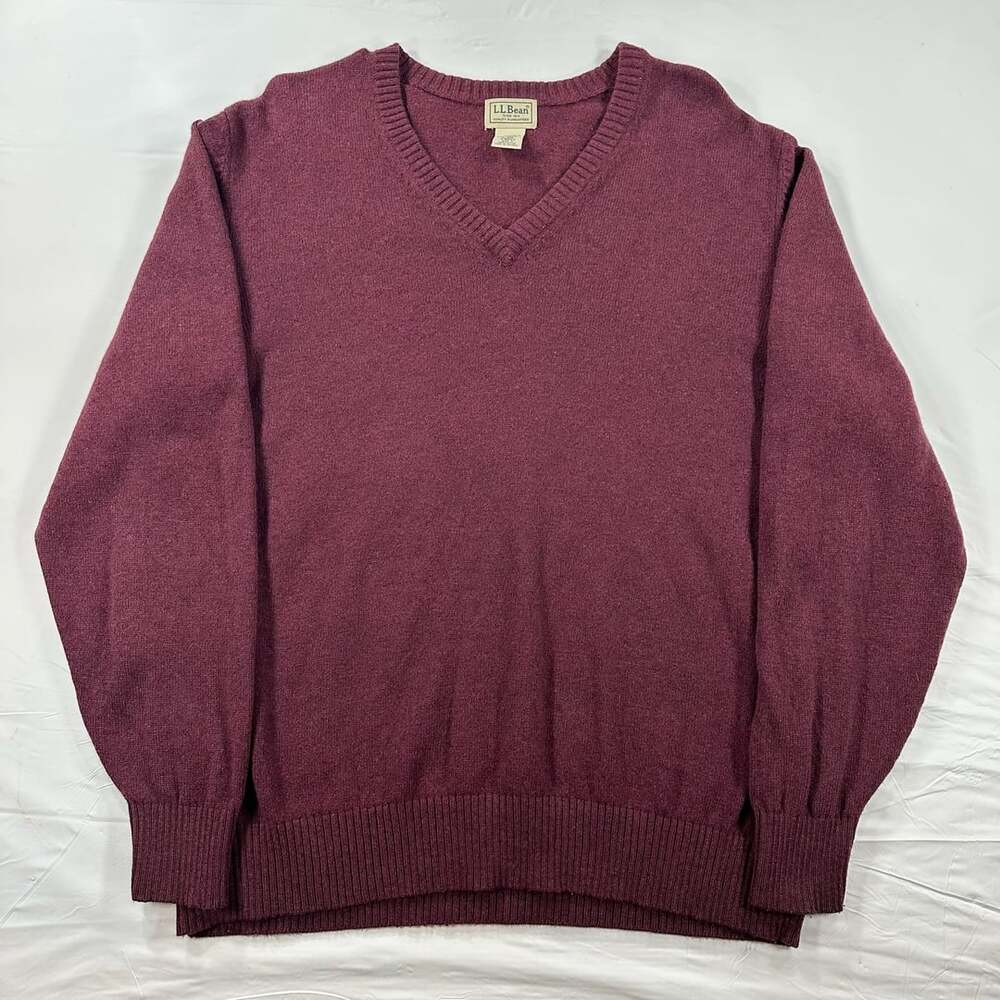 LL Bean Mens Lambswool V-Neck Pullover Sweater Large Reg Wine Red Ribbed